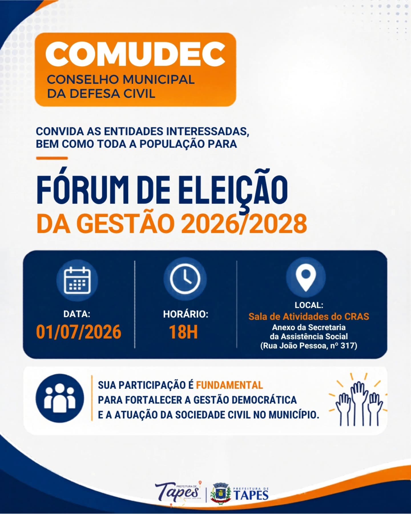 ATENÇÃO: FÓRUM DE ELEIÇÃO DA SOCIEDADE CIVIL DO COMUDEC TEM NOVA DATA